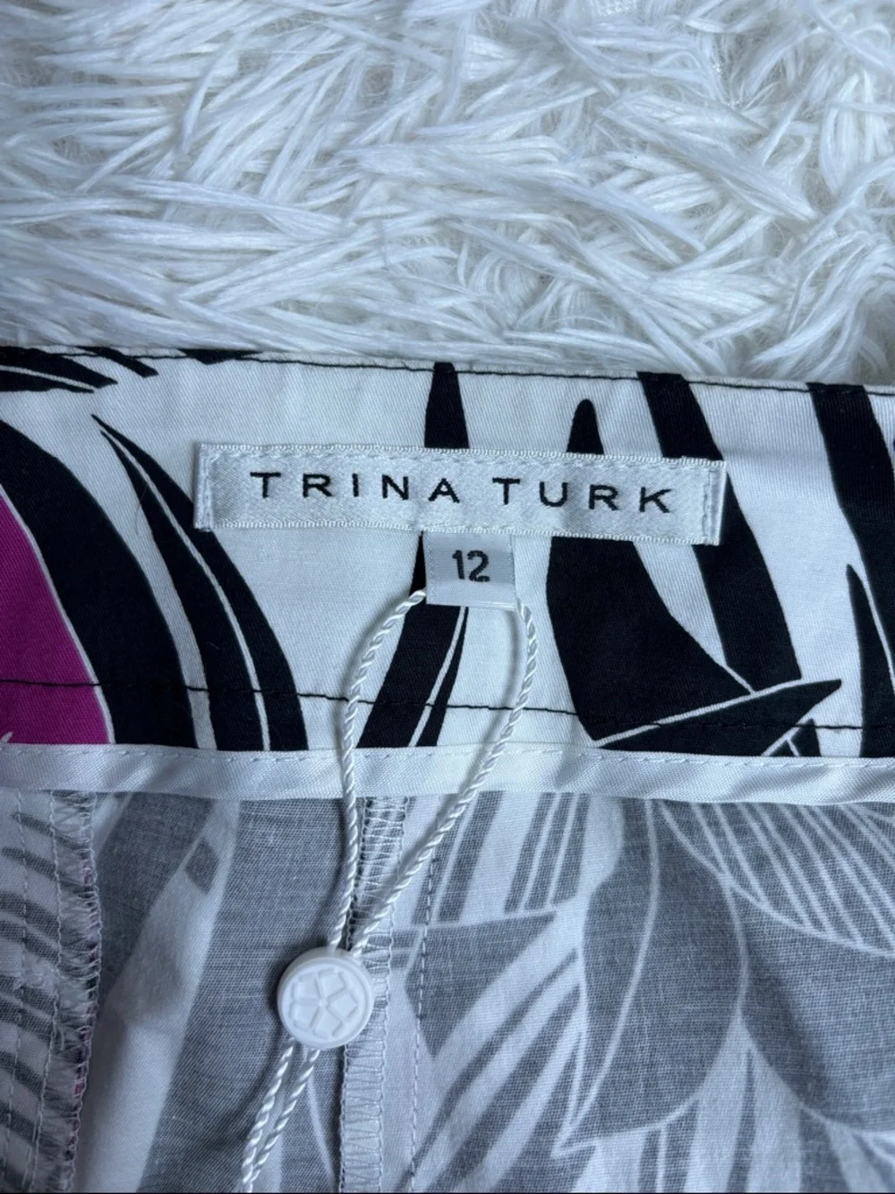Trina Turk Black & White Palm Print Shorts with Magenta Accents